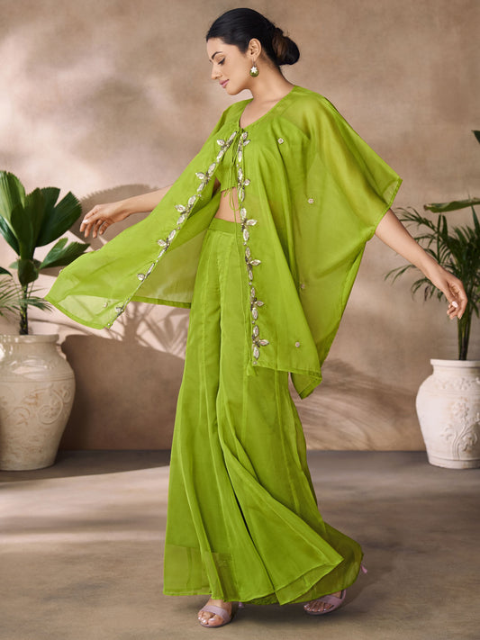 Green color organza co ord set for party