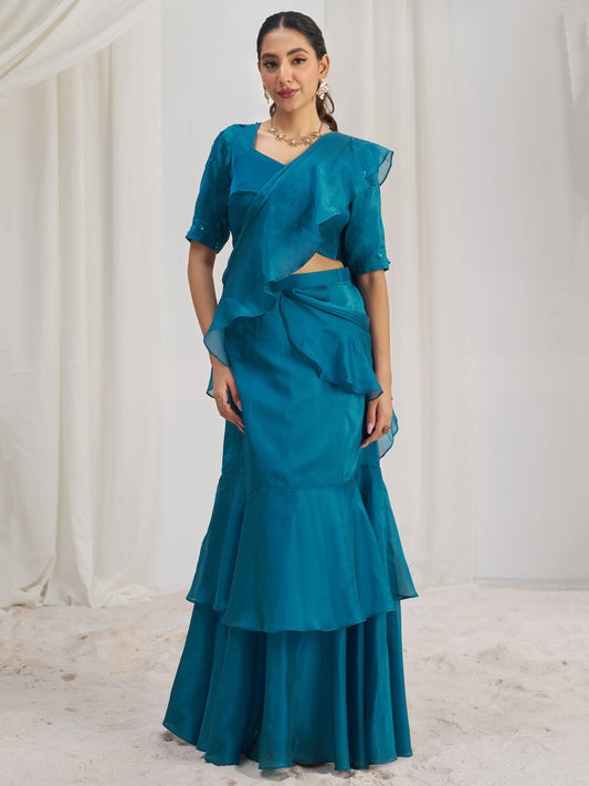 Teal blue color organza saree for women