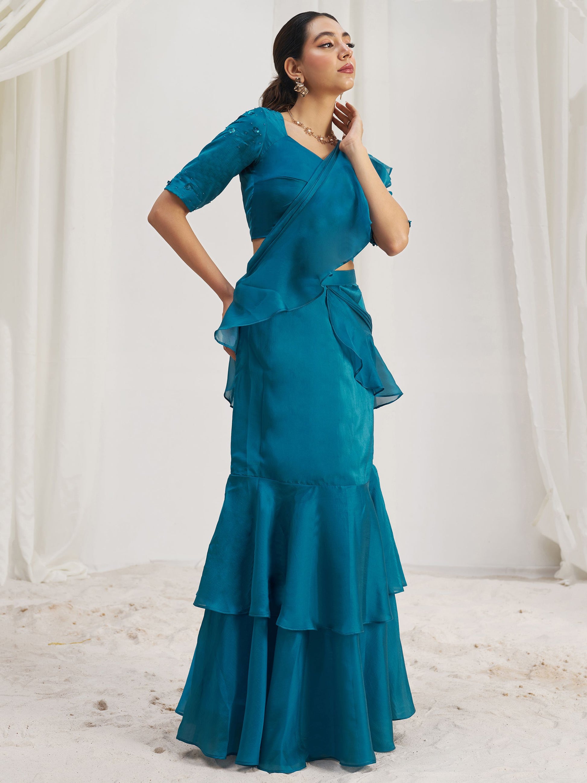 Teal blue color organza saree with blouse online