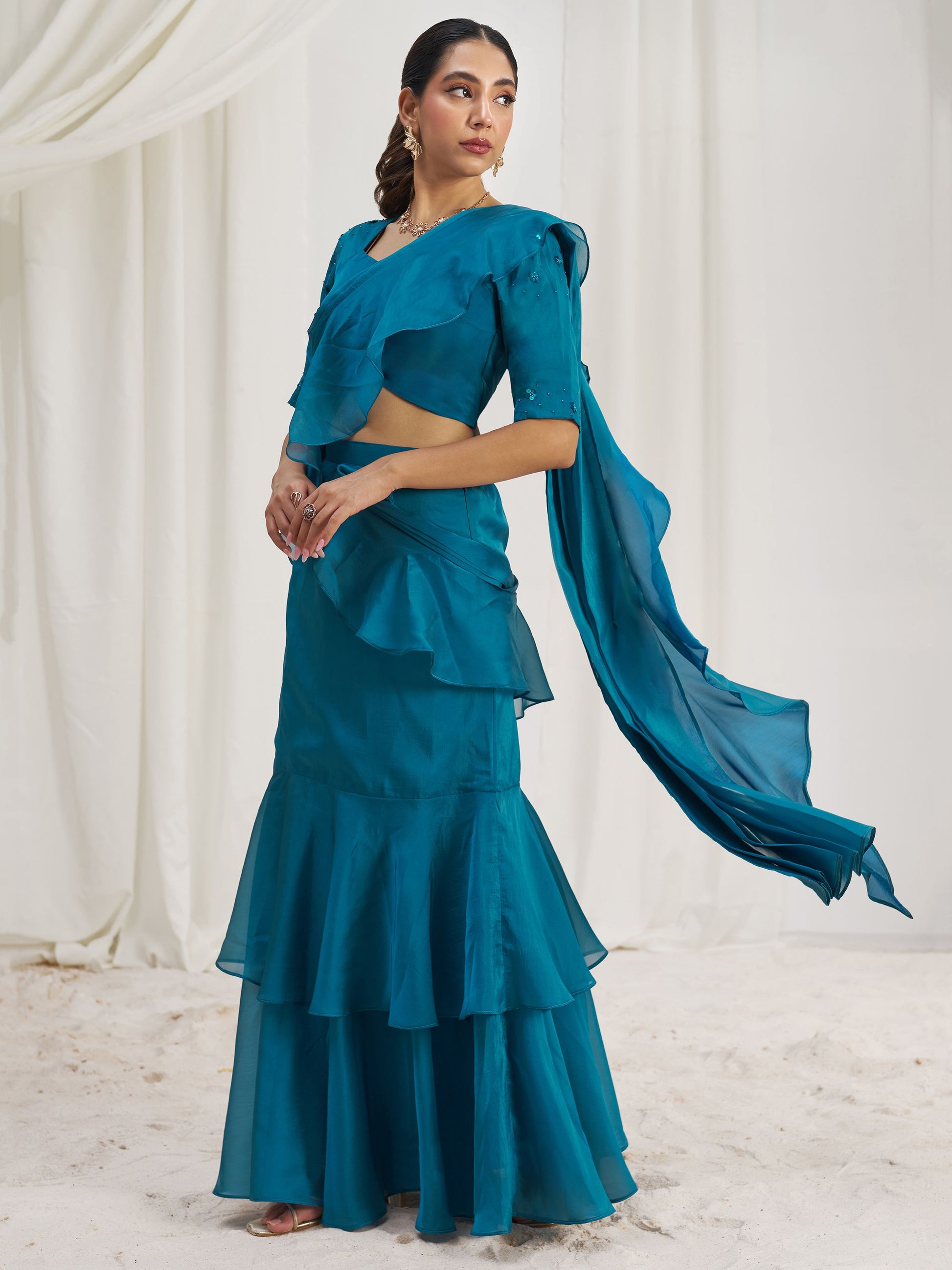 Teal blue color organza saree with blouse online shopping