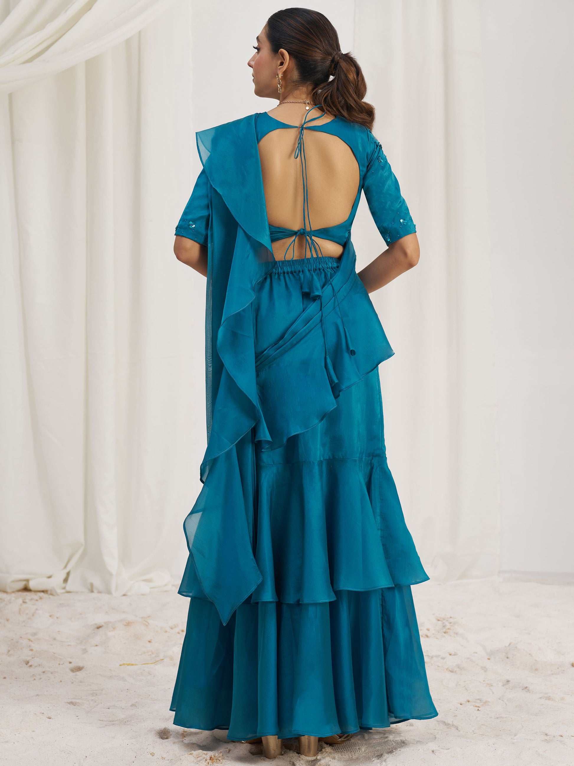 Teal blue color organza saree with blouse price