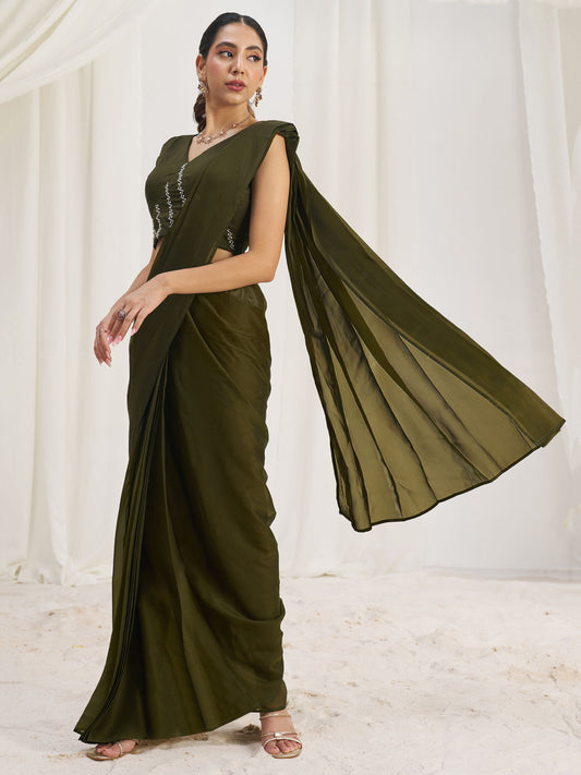 Olive color organza color saree for wedding
