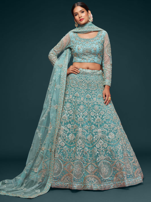 soft net ocean aqua lehenga diwali collection