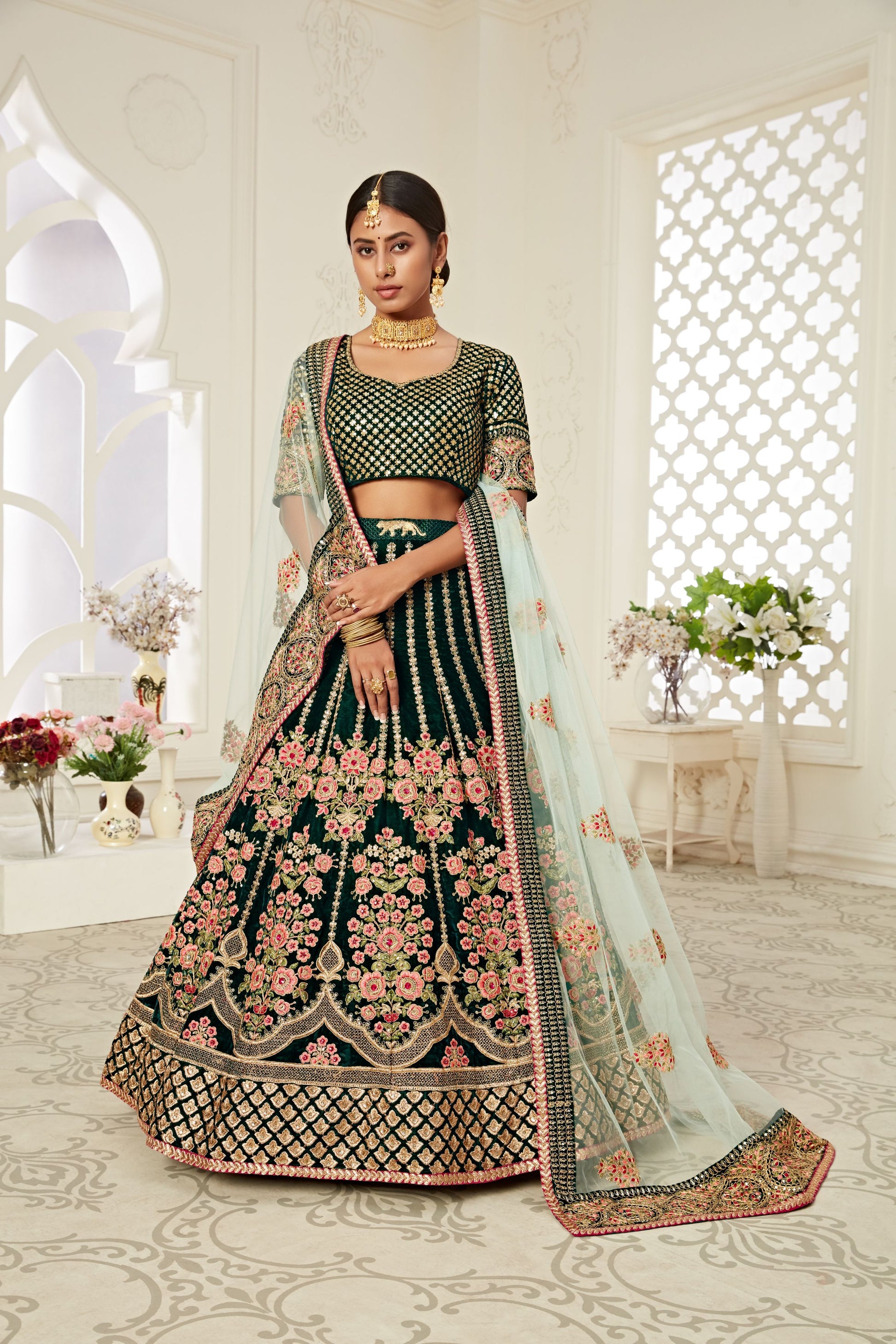 green velvet lehenga designs