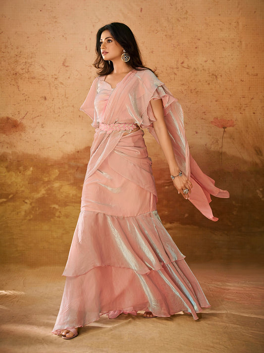 Baby pink organza saree party wear