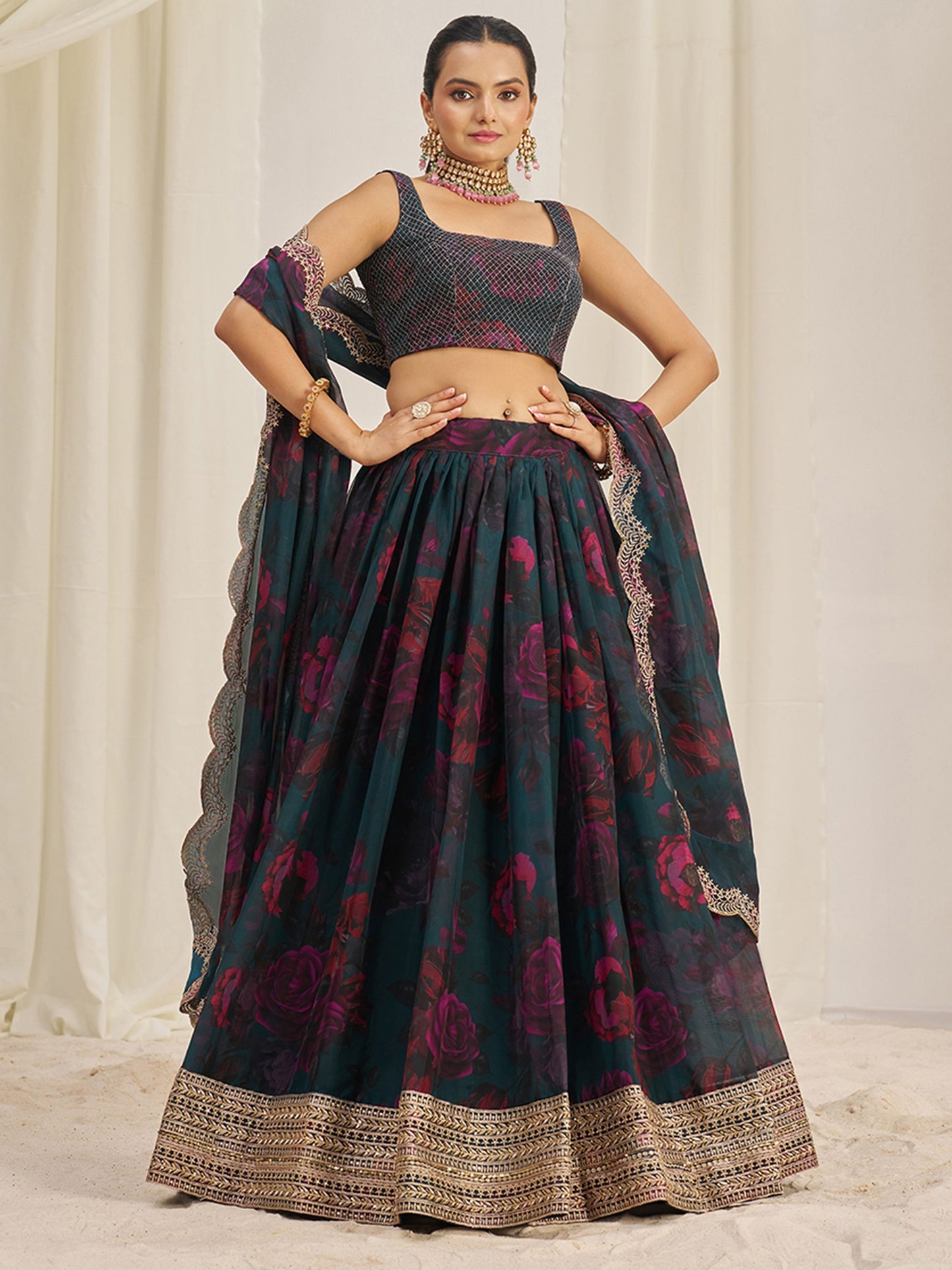Teal organza lehenga choli with dupatta price