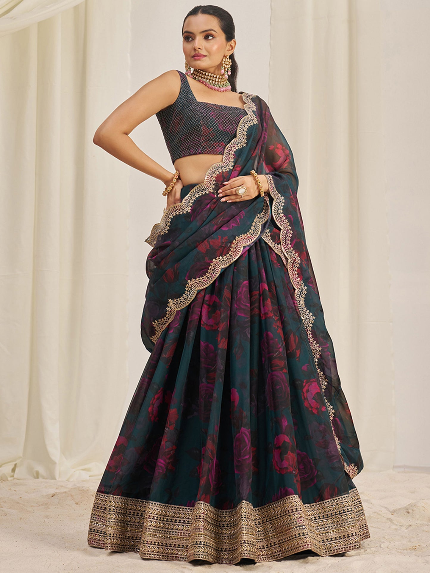 Teal organza lehenga choli with dupatta online
