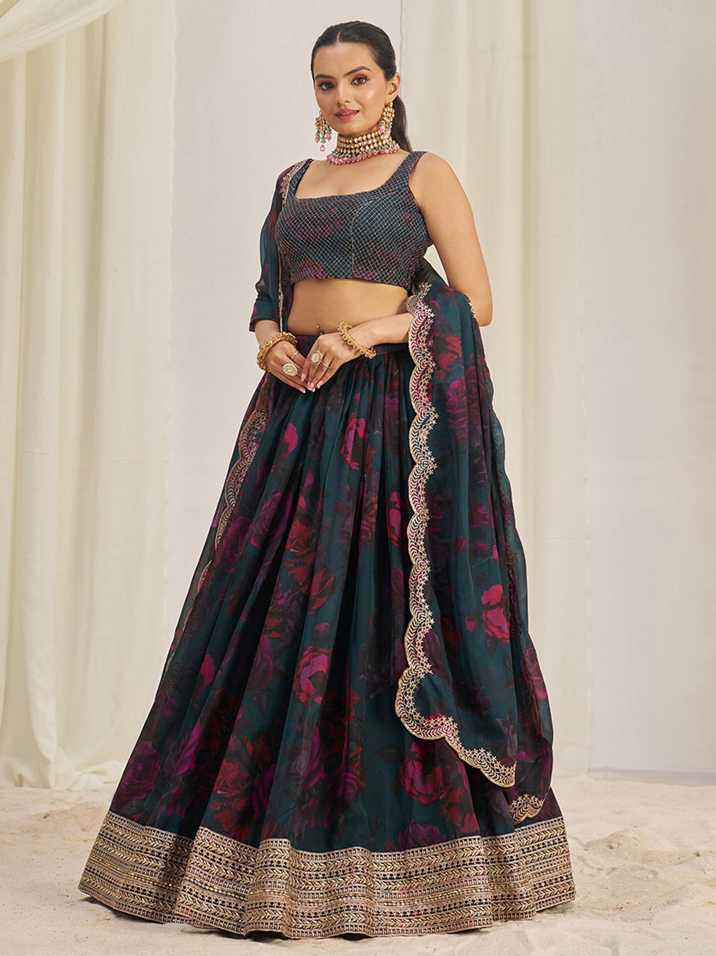 Teal organza lehenga choli with dupatta price