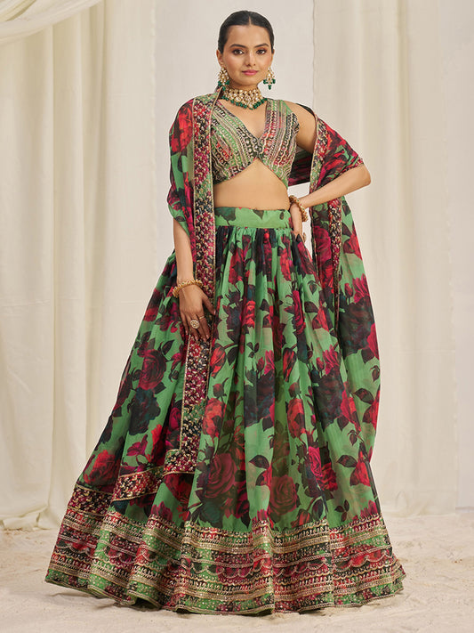 Green organza lehenga choli with dupatta price