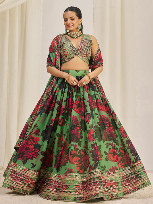 Dark green organza lehenga choli with dupatta