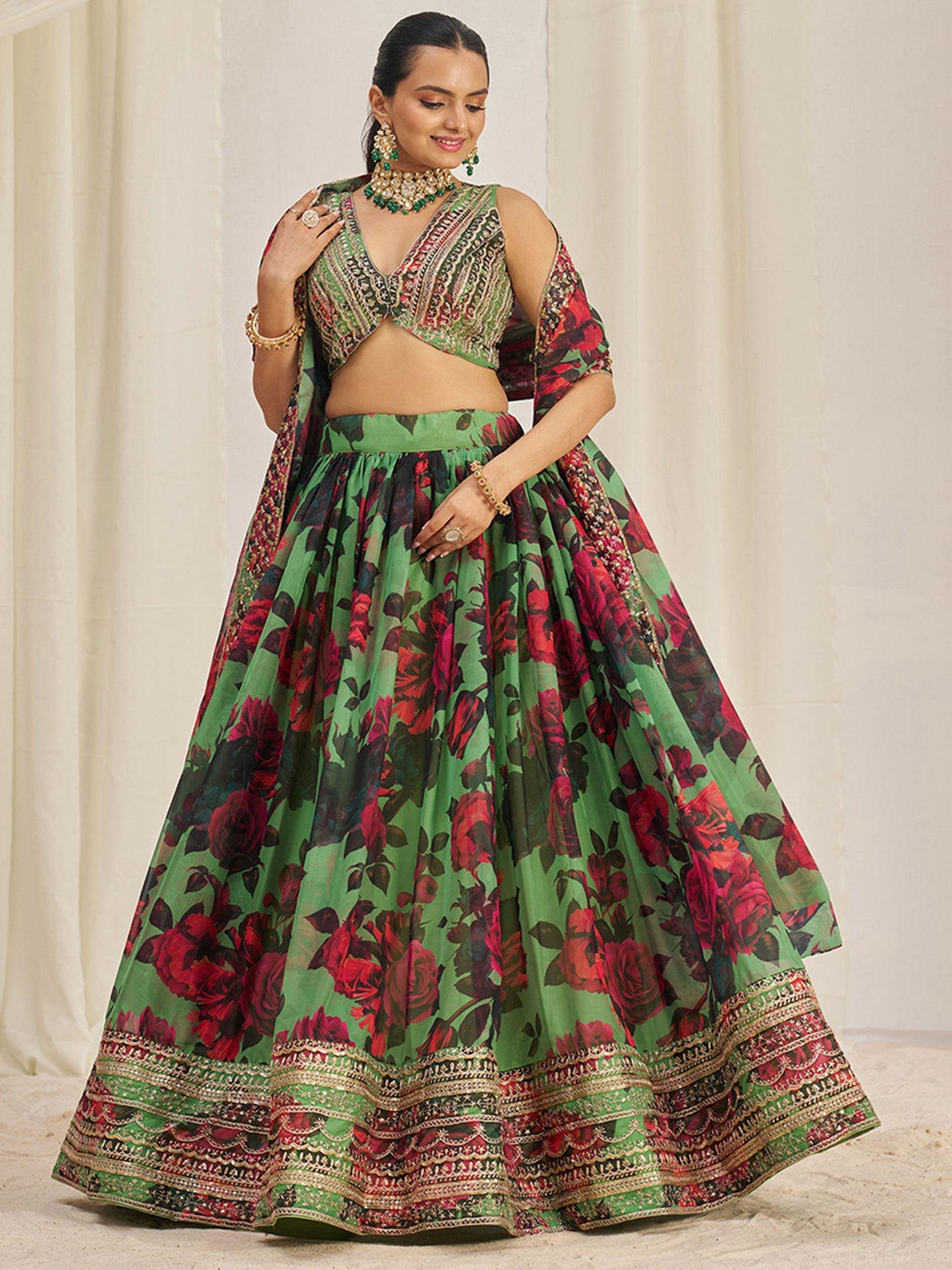 Green organza lehenga choli with dupatta online