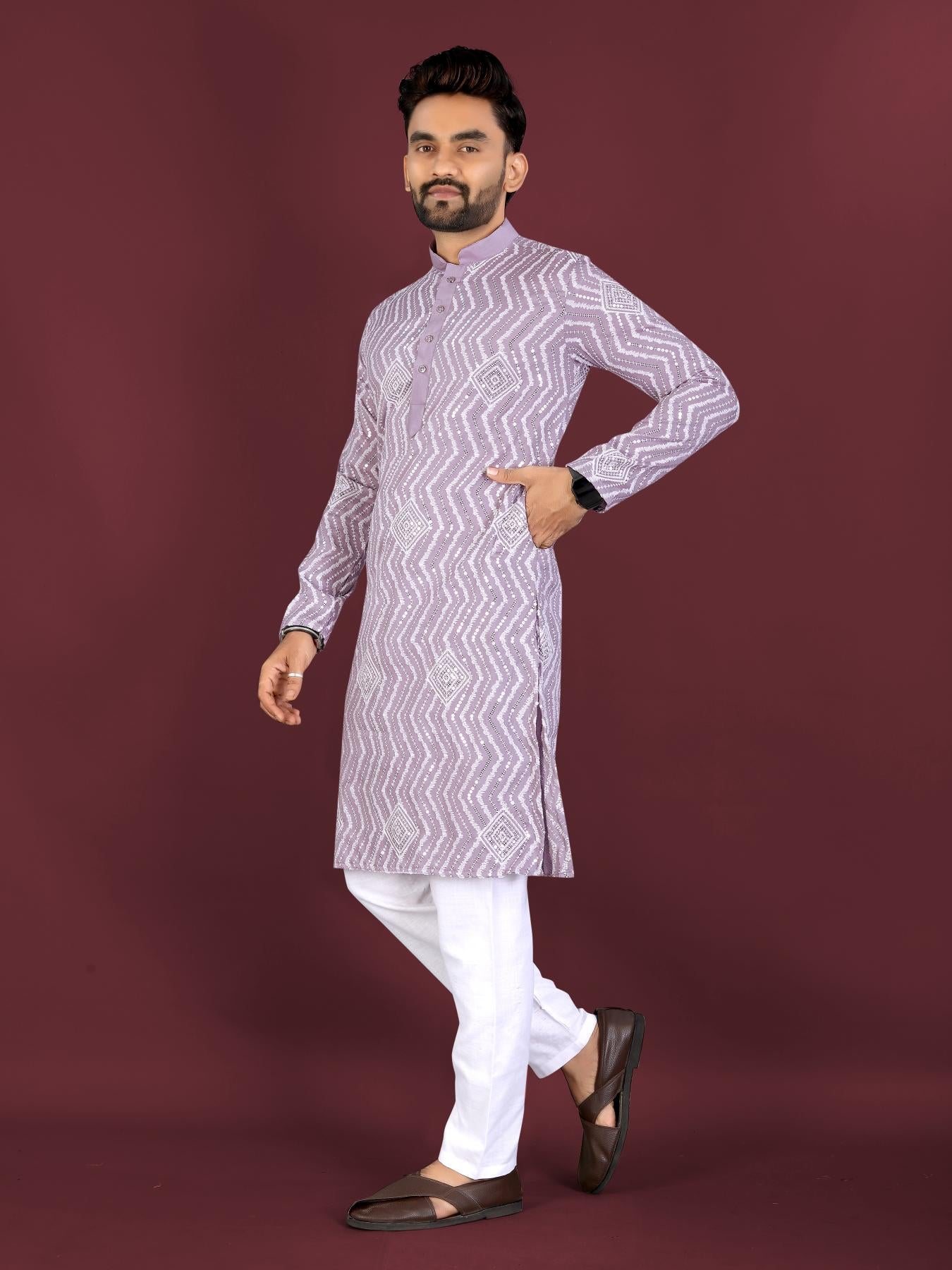 Man wearing pastel Lilac Kurta Pajama styled for Sangeet or Reception party available online in USA