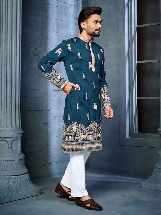 Blue Silk Readymade Embroidered Mens Kurta Pajama