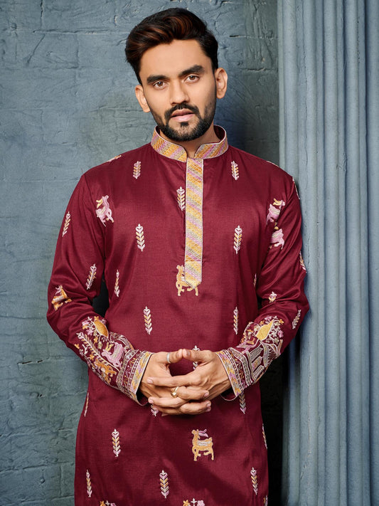 Red Silk Daman Style Indian Mens Kurta Pajama