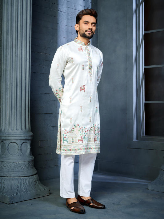 Indian Designer White Embroidered Mens Kurta Pajama