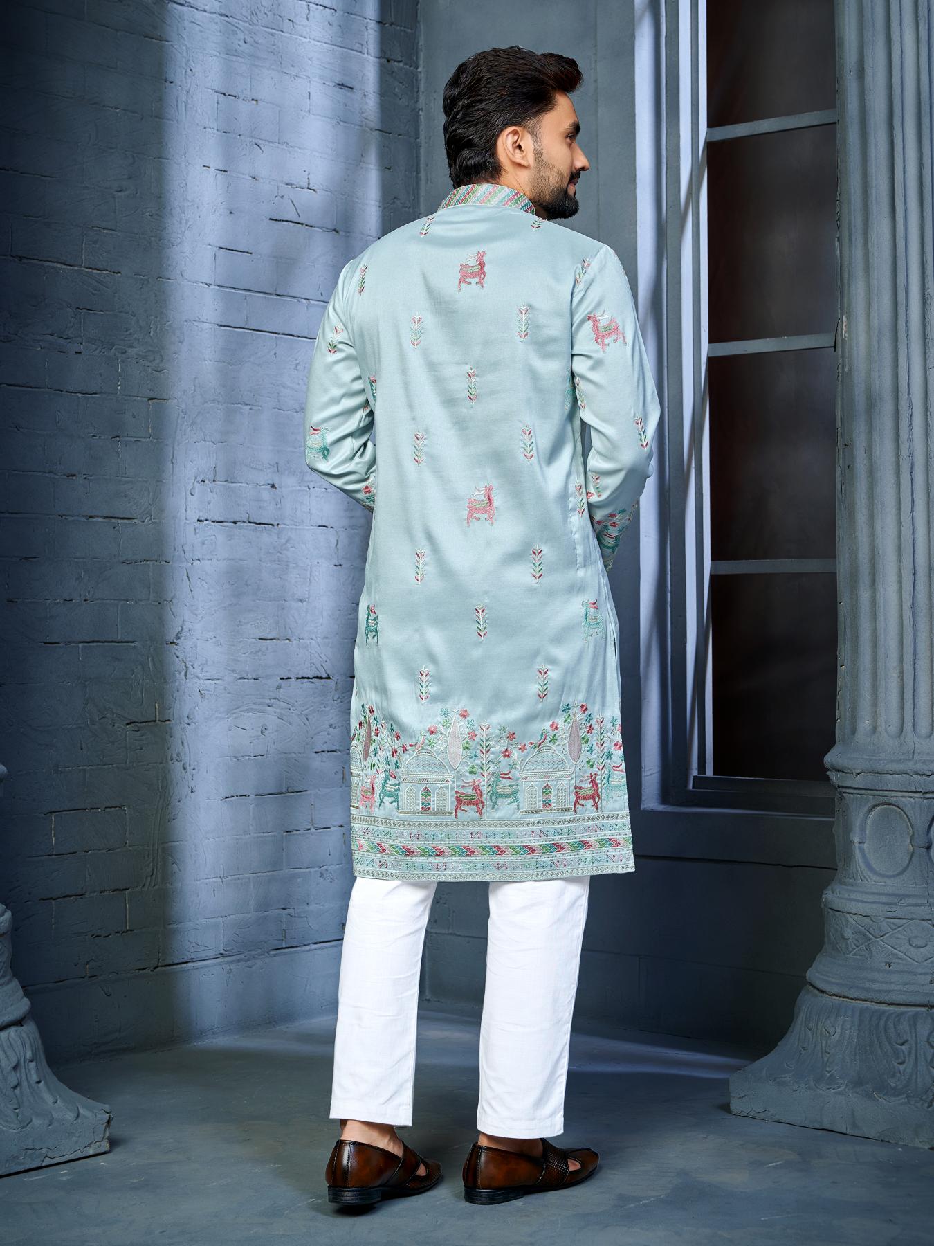 Sky Blue Silk Daman Style Mens Kurta Pajama
