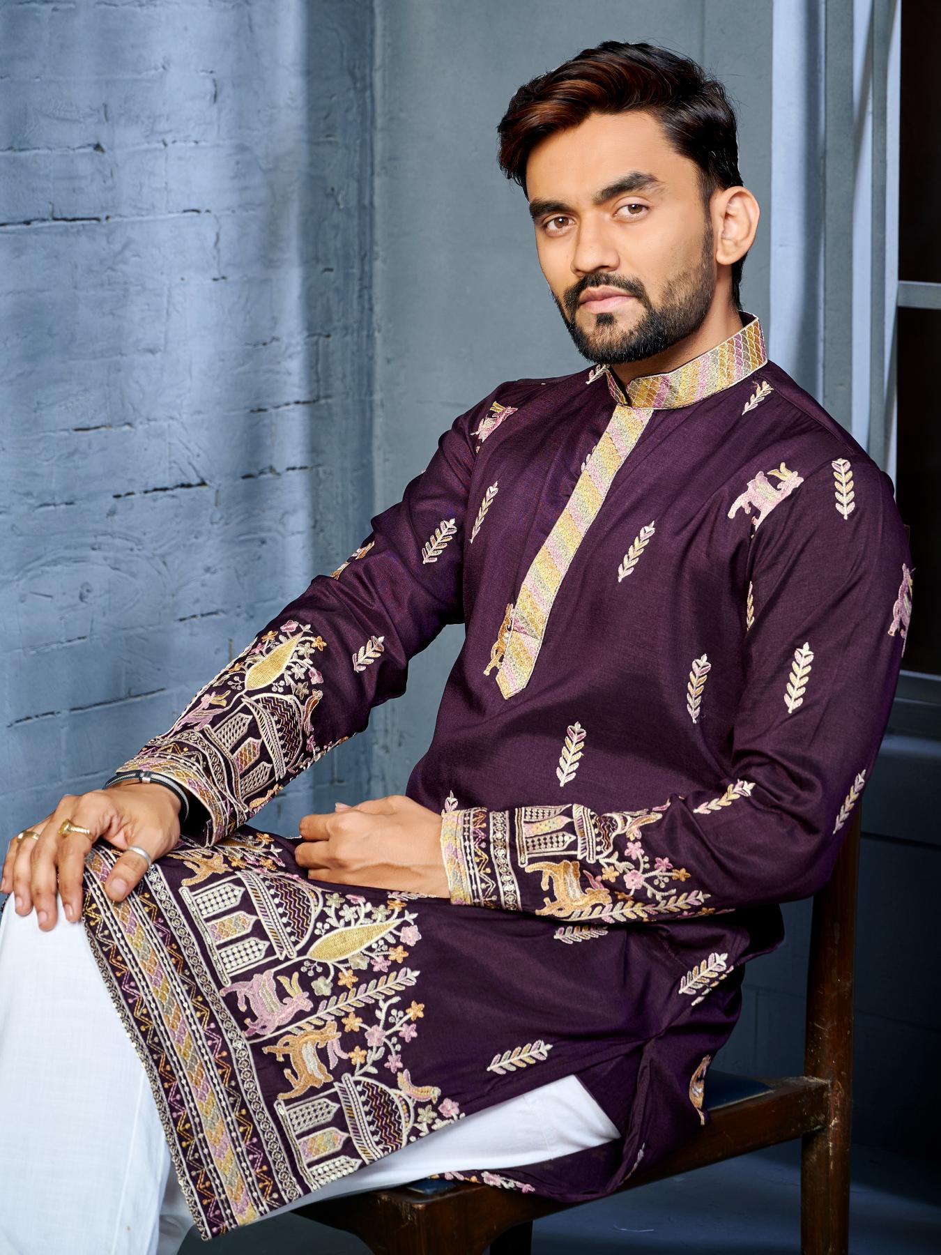 Premium Purple Silk Mens Kurta Pajama- Wedding Outfit