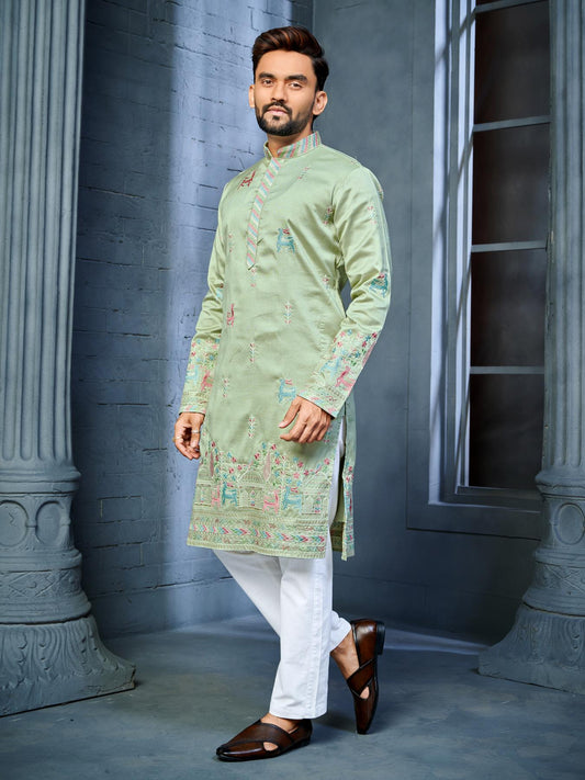 Green Silk Embroidered Wedding Mens Kurta Pajama