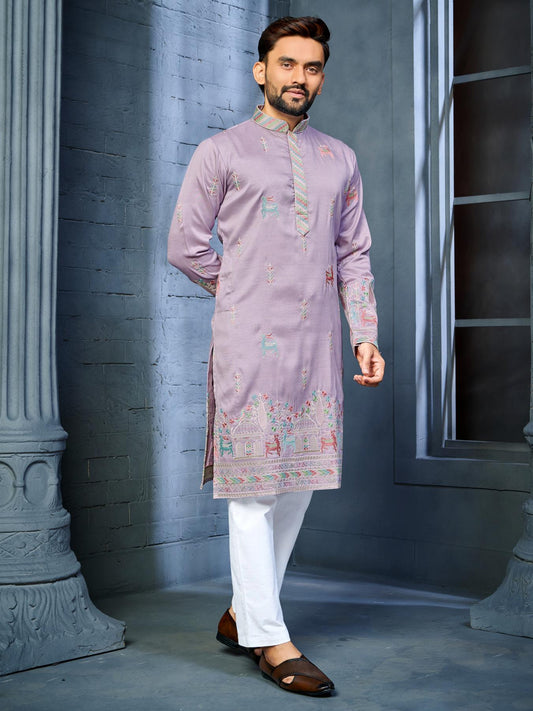 Lilac Color Indian Ethnic Mens Kurta Pajama for Wedding