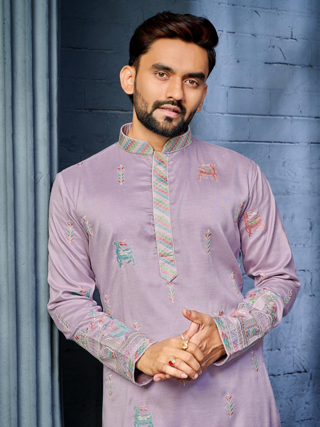 Lilac Color Indian Ethnic Mens Kurta Pajama for Wedding