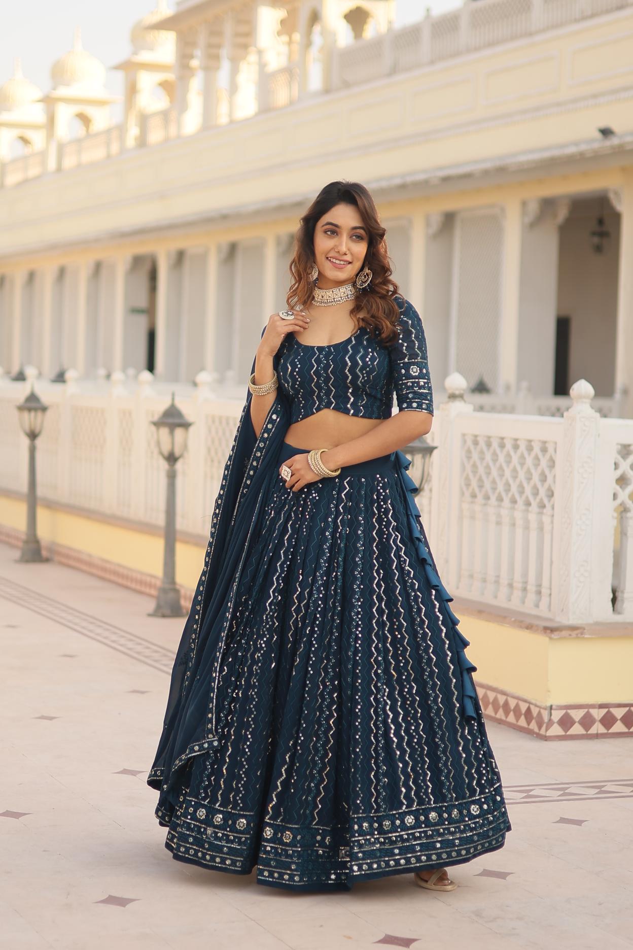 faux blooming rama lehenga engagement