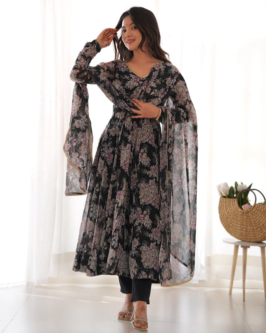 Long sleeve black georgette gown for women