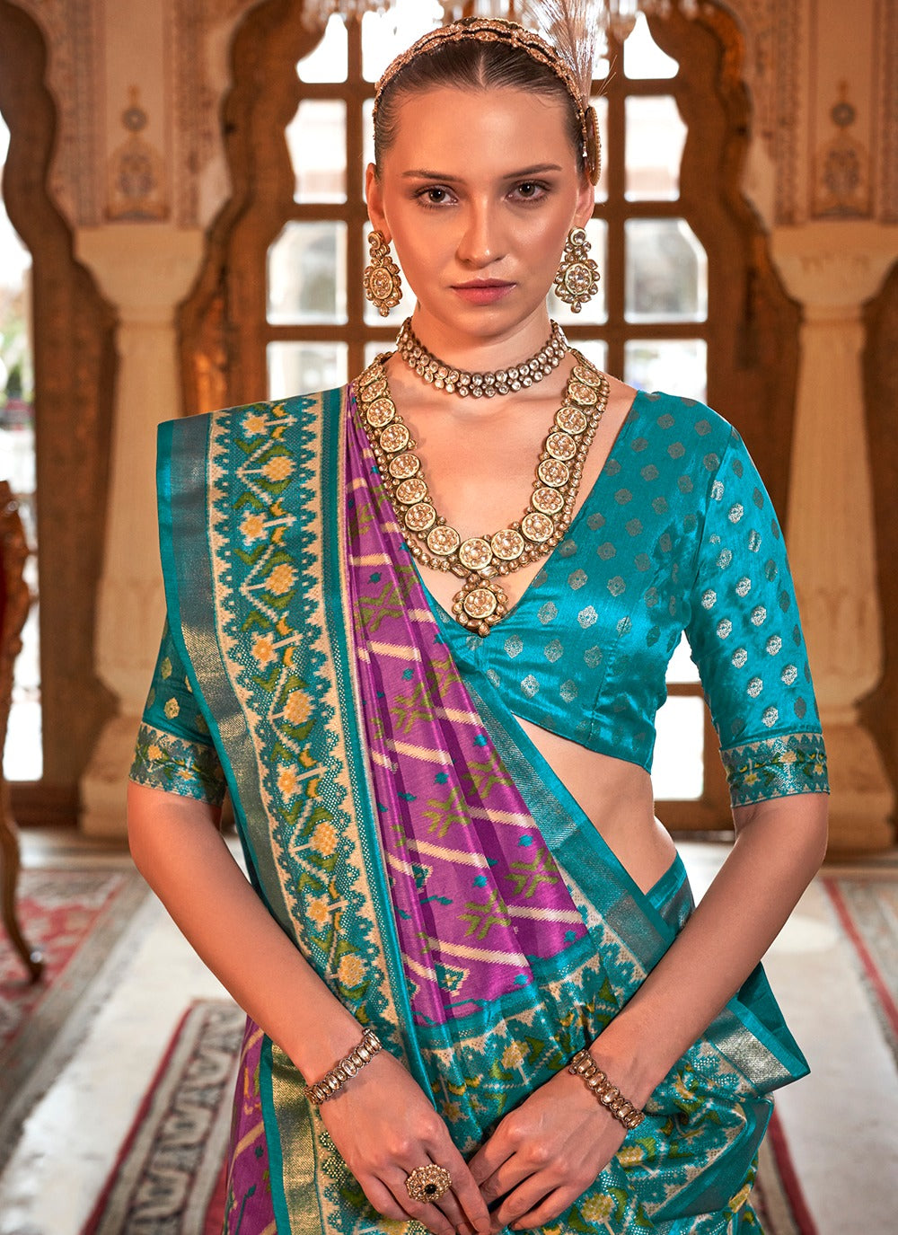 Pink color silk patola printed saree online shopping