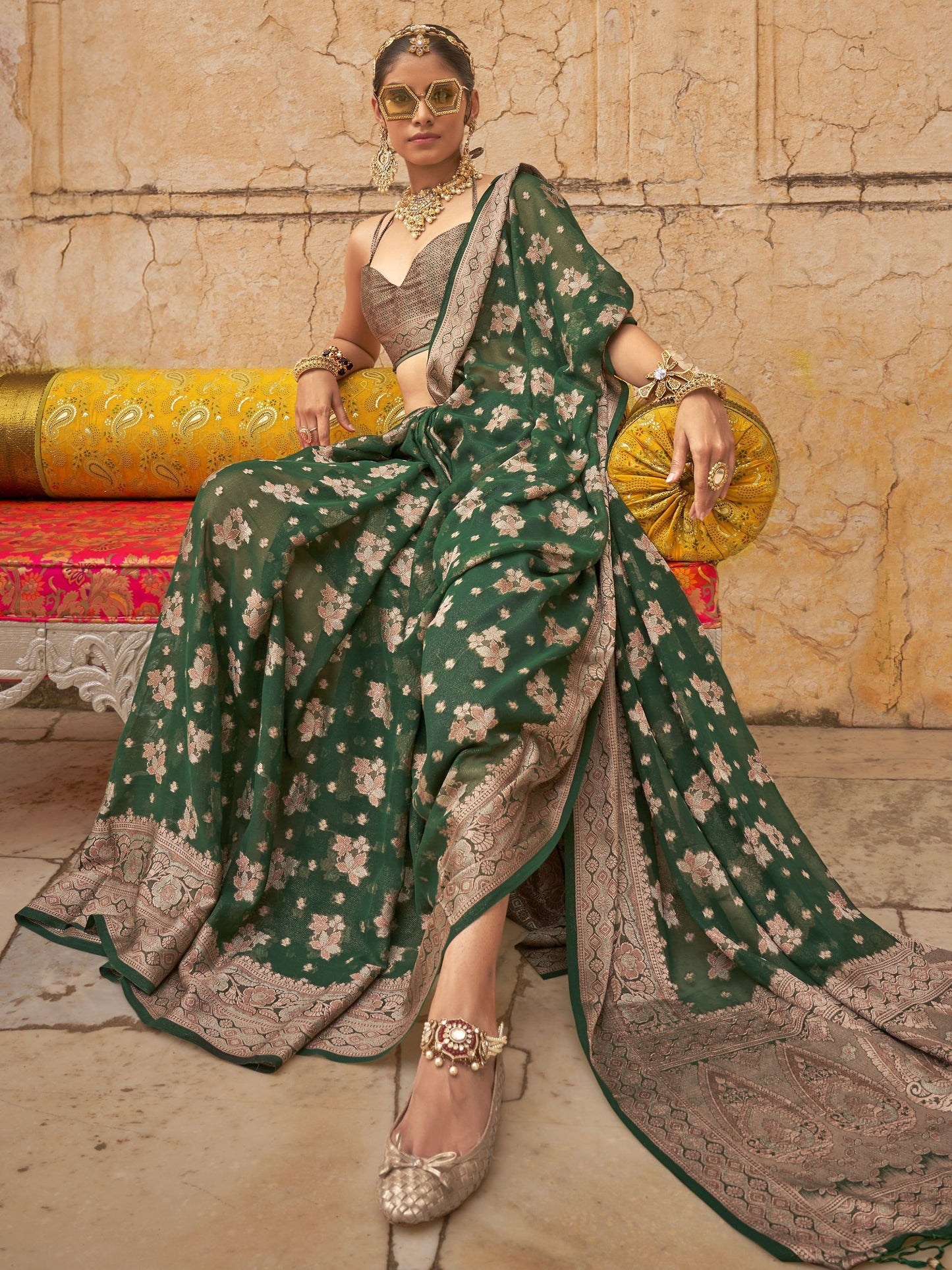 Dark green color georgette weaving saree for women