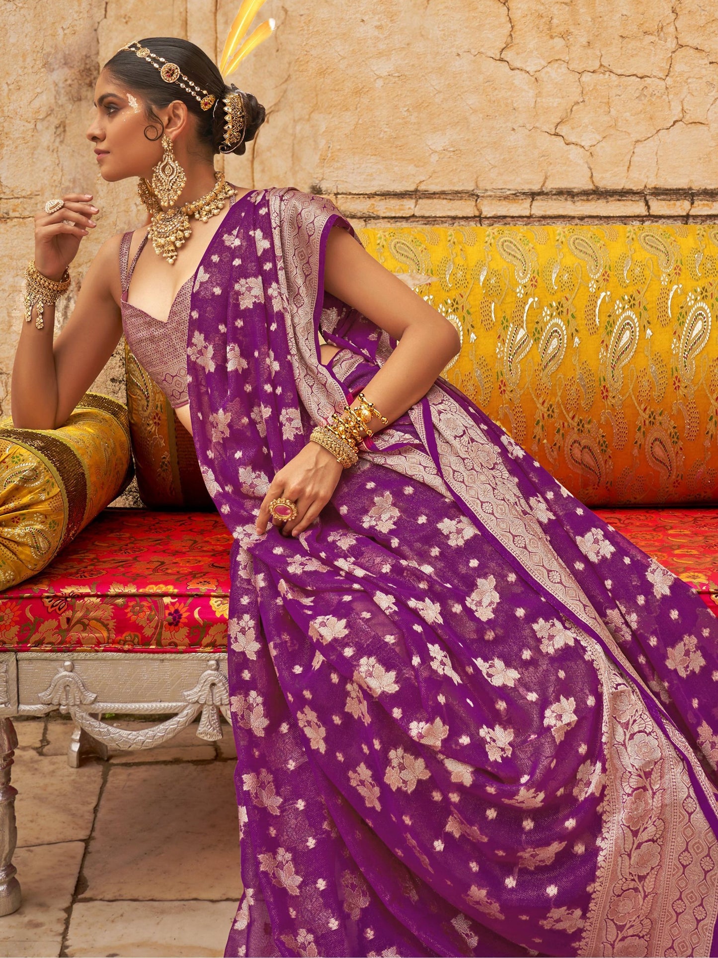 Purple color wedding wear saree for women