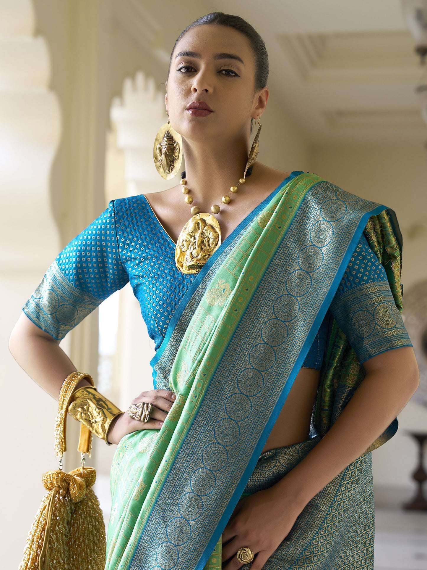 Light green banarasi silk saree for wedding