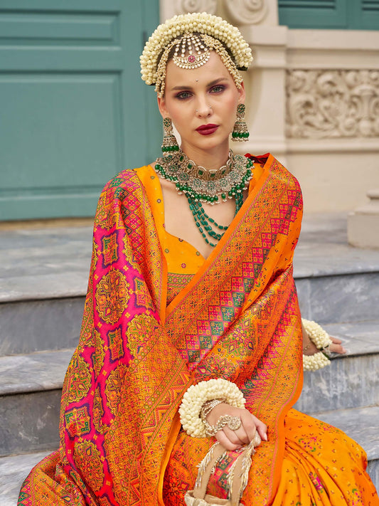 Orange color banarasi silk saree for women online shopping