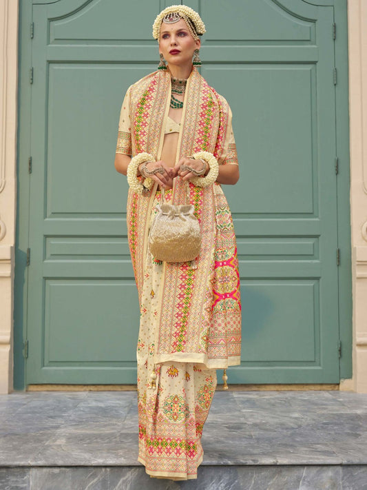 Off white color banarasi silk saree for women price