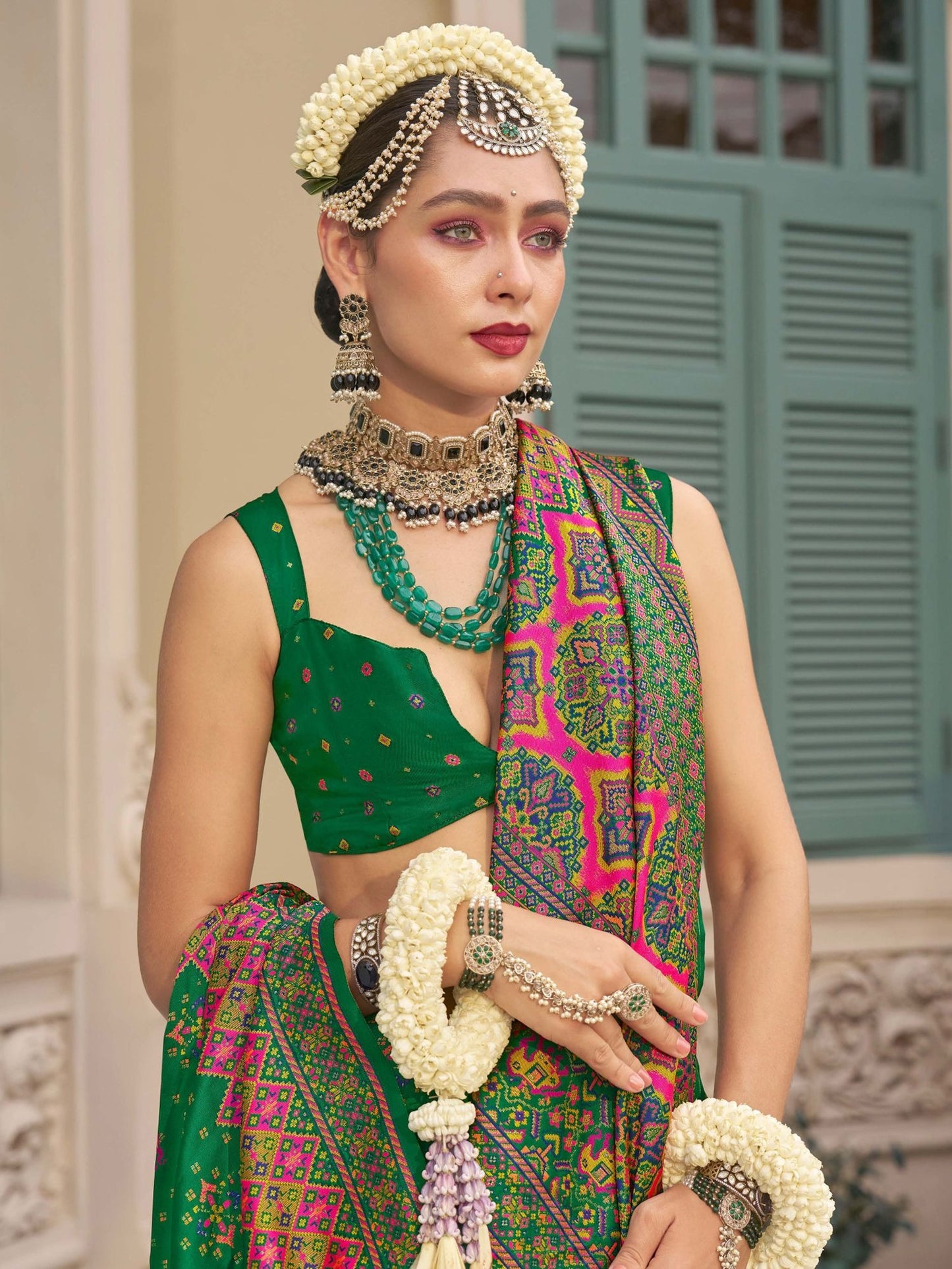 Green color banarasi silk saree for women