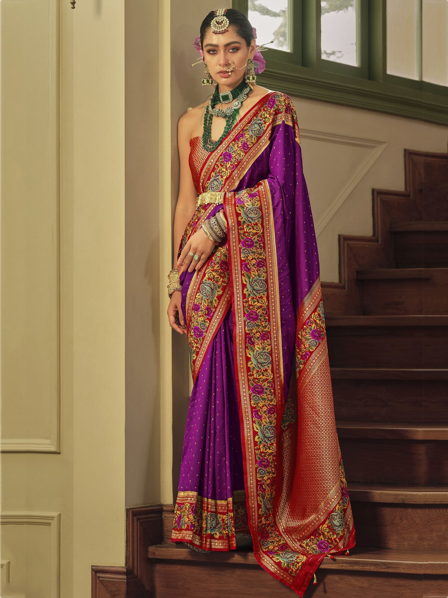 Purple color banarasi silk saree for women price