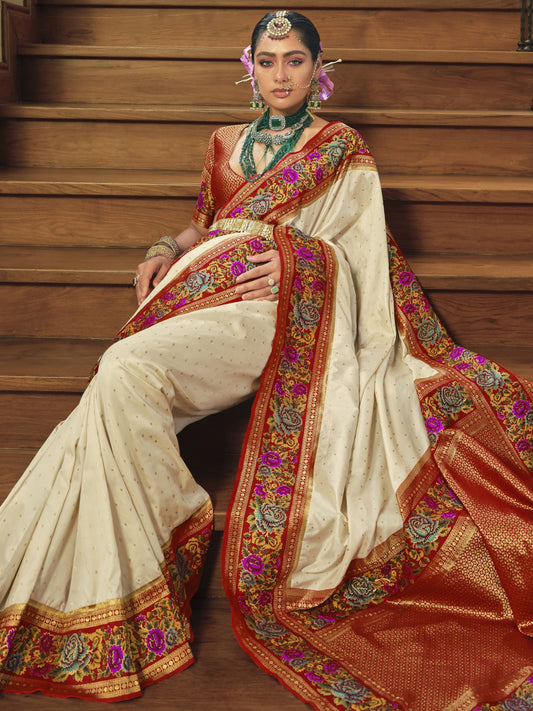 Off white color banarasi silk saree for women price