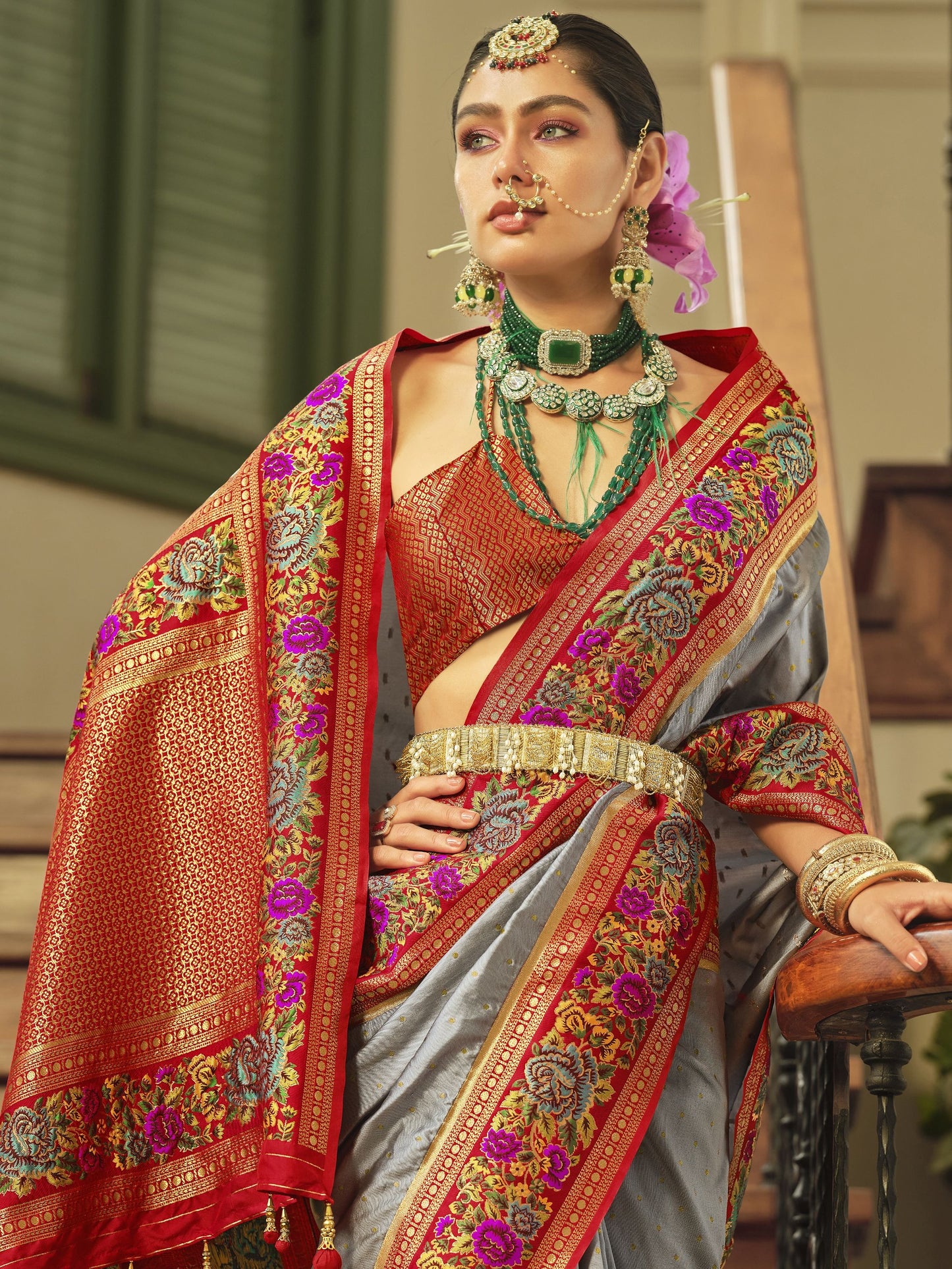 Light grey color banarasi silk saree for women