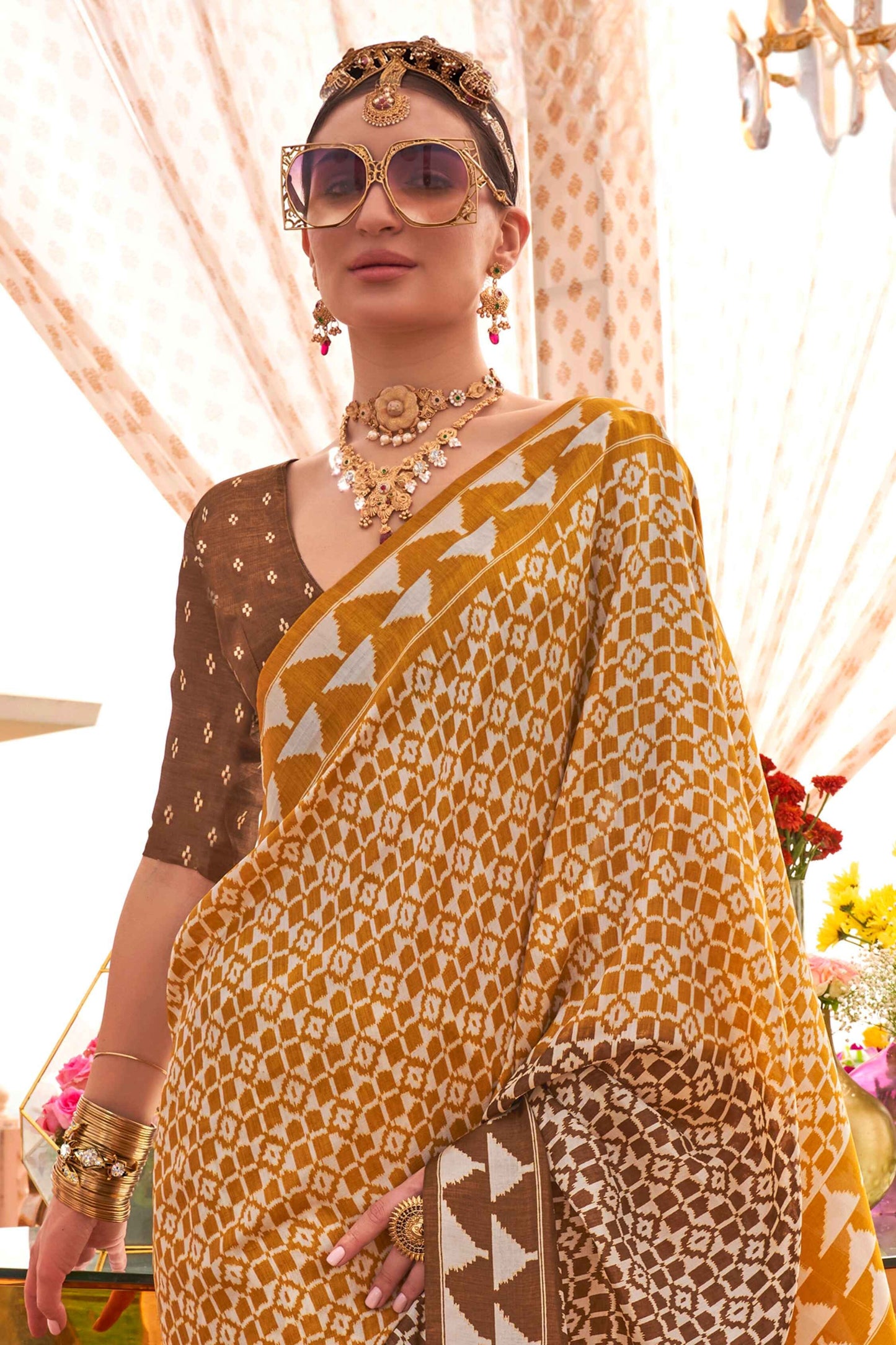 Yellow color silk printed saree images