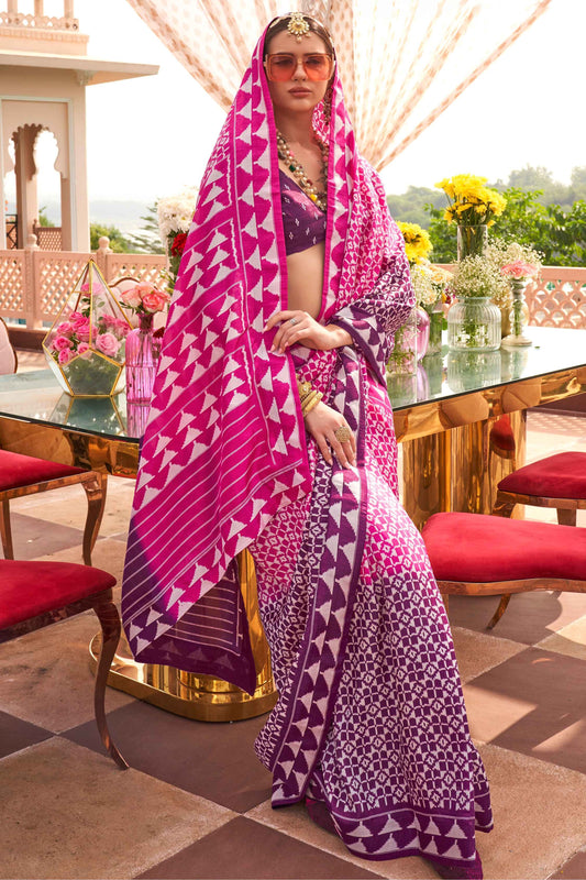 Pink color silk printed saree for women online
