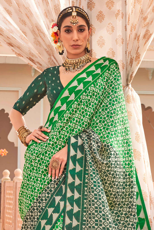 Green color silk printed saree for wedding
