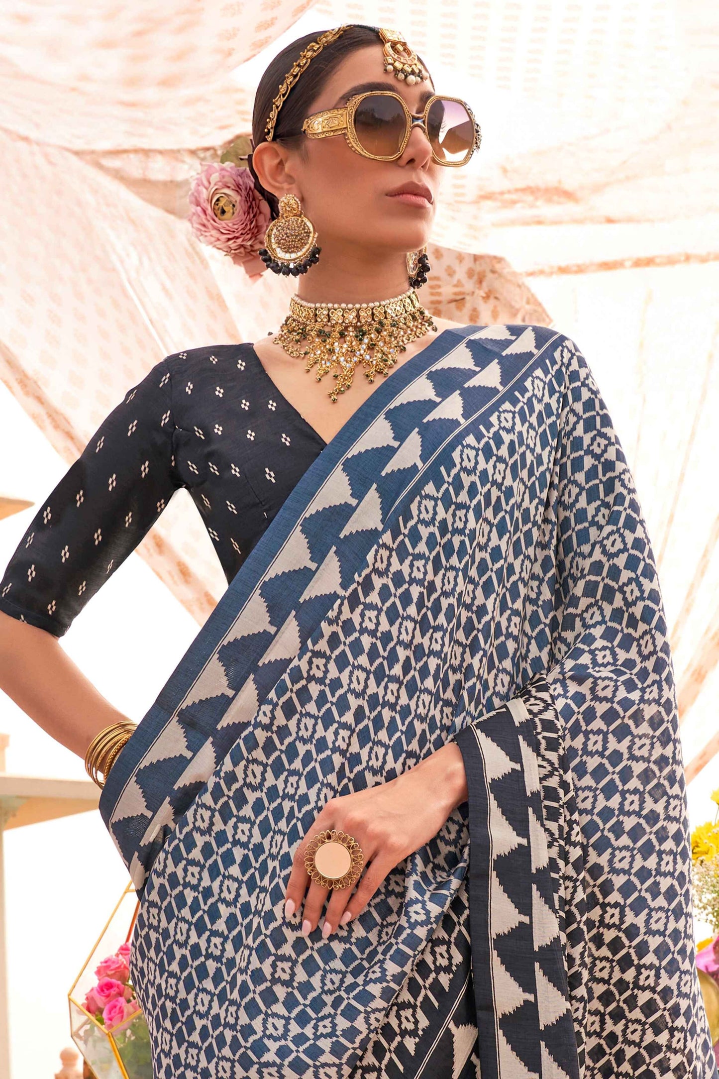 Blue color silk printed saree online shopping