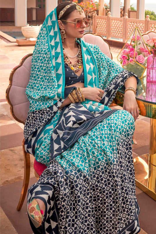 Rama color silk printed saree for women