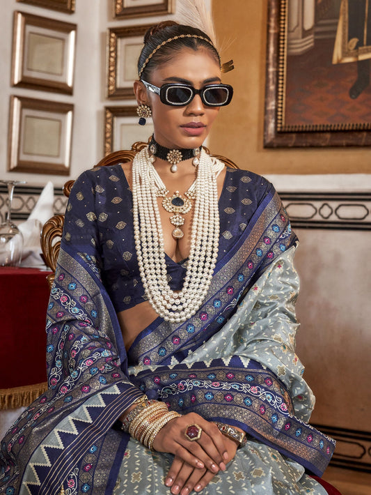 Blue color silk patola printed saree images