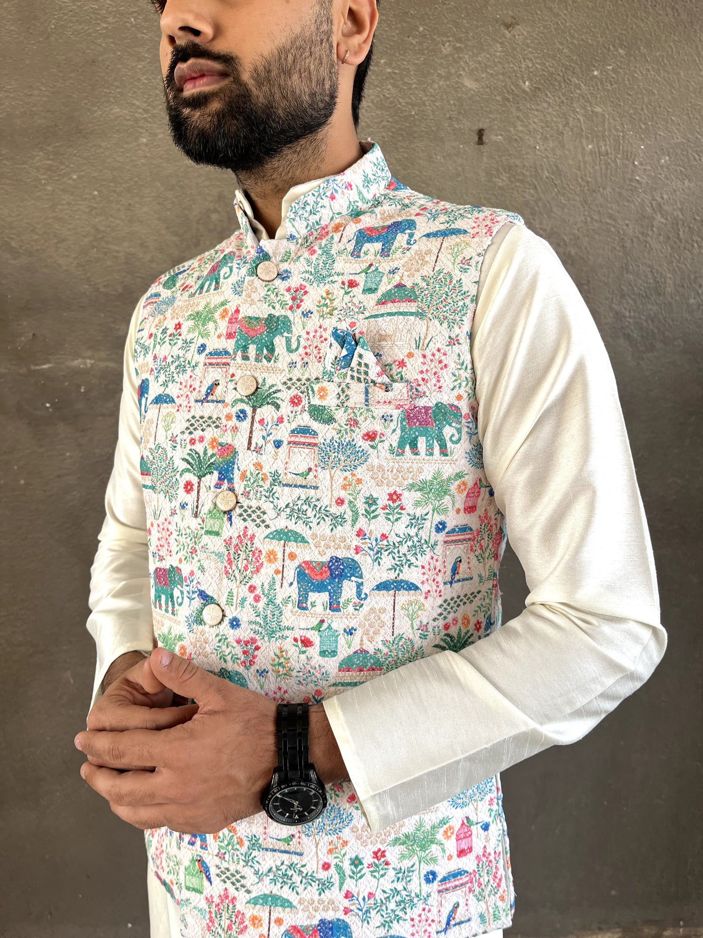 Men modern kurta pajama with jacket for wedding