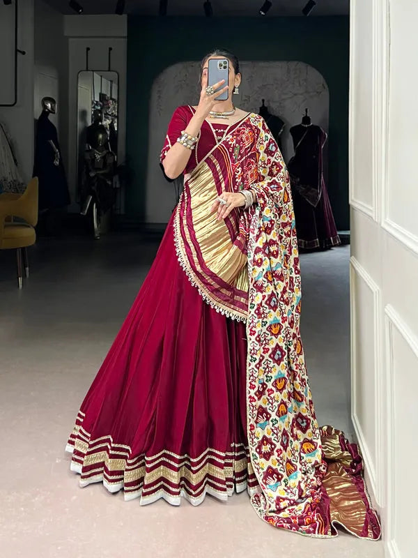 Maroon color silk georgette lehengas