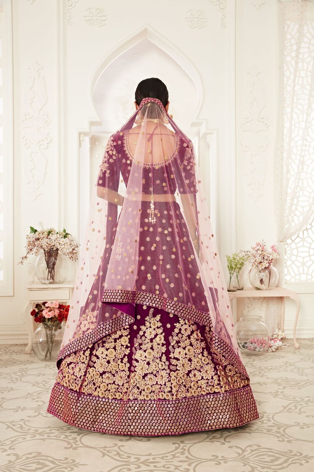 velvet purple lehenga with pink dupatta