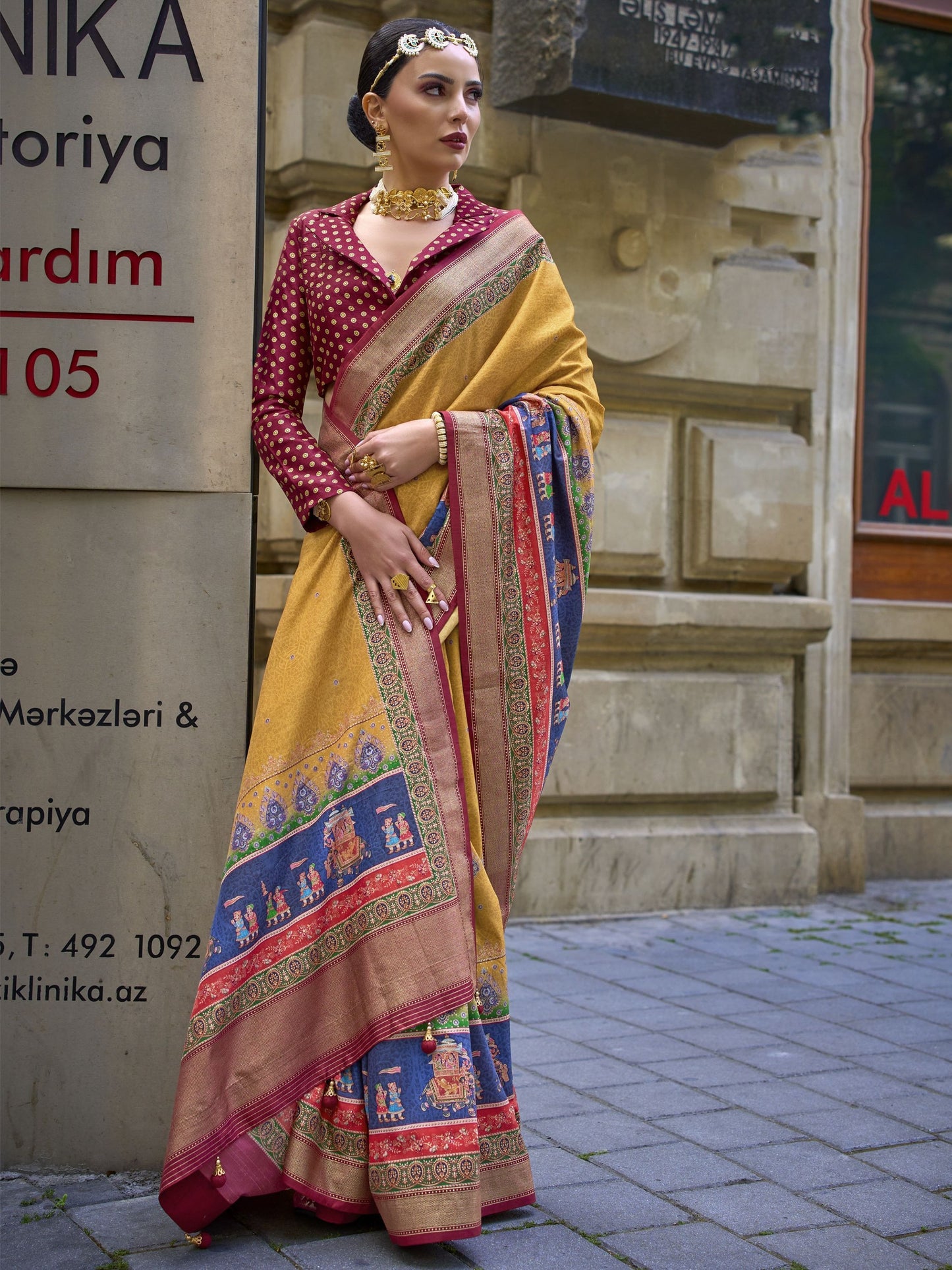 Yellow poly viscose silk saree for women price