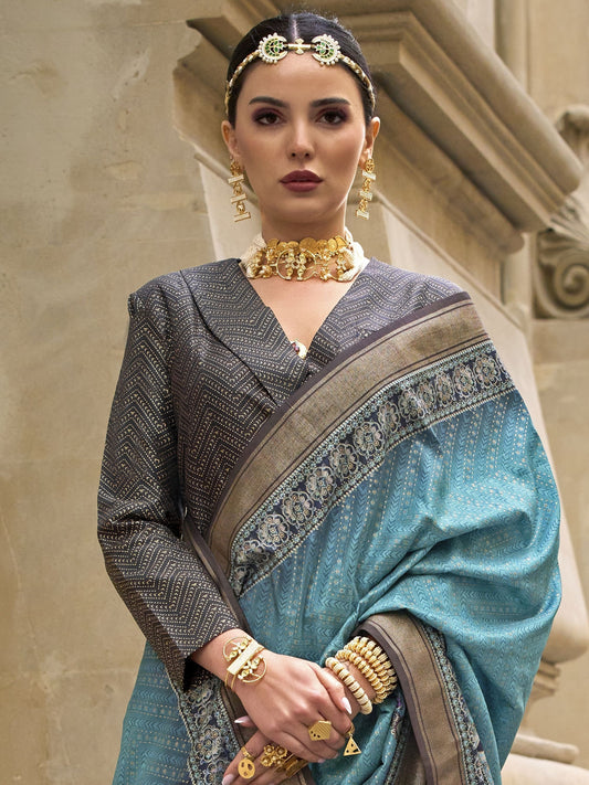 Sky color poly viscose silk saree for women