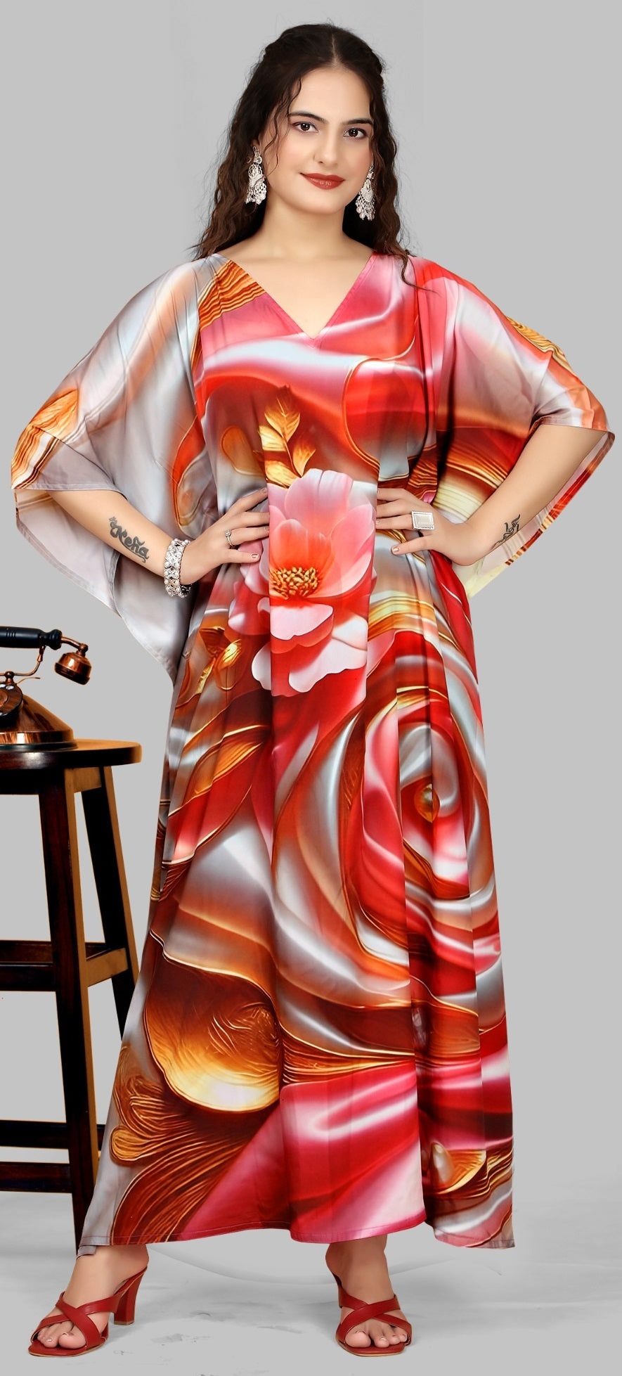 Women's Loose Turkish Round Neck Printed Kaftan Maxi Dress Ragthm Women's Loose Turkish Round Neck Printed Kaftan Maxi Dress Ragthm