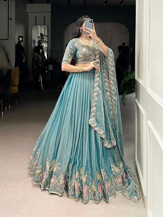Sea blue color zari shimmer lehenga