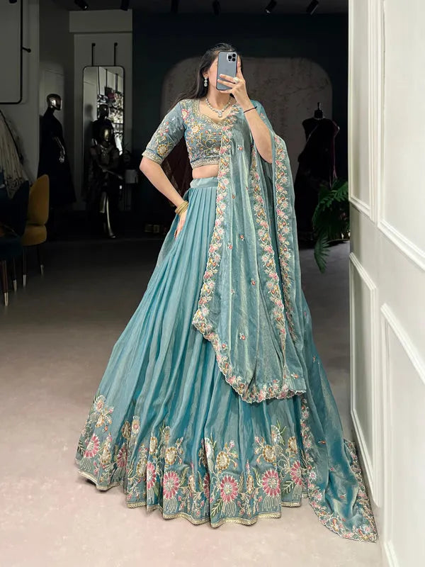 Wedding wear Sea blue zari shimmer lehenga